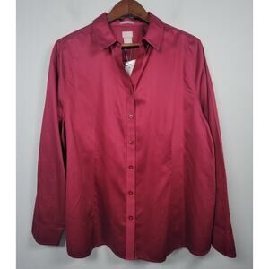 NWT Chicos No Iron Button Up Shirt Womens 3 Long Sleeve Burgundy Red